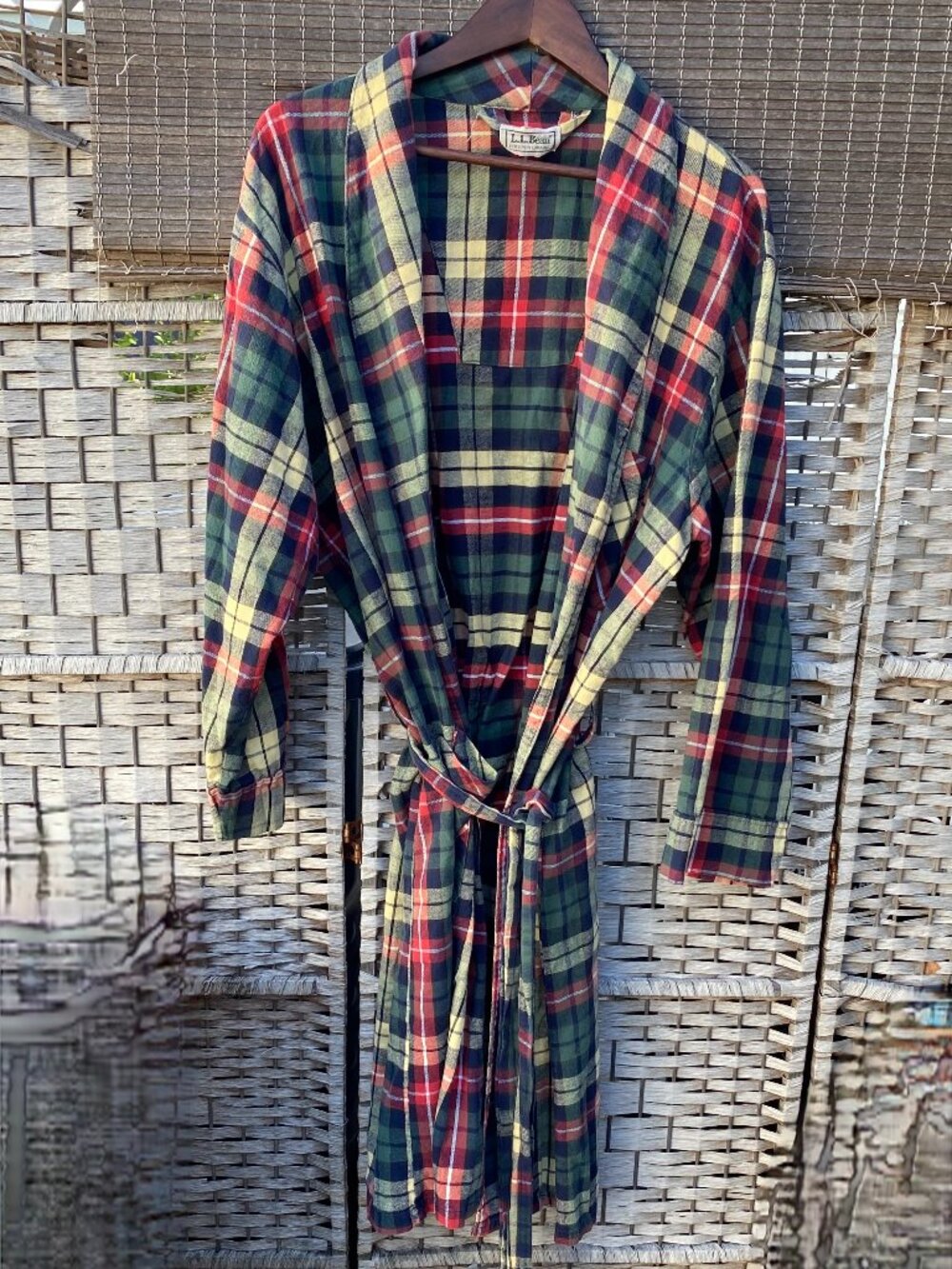 Vintage LL Bean Flannel Bathrobe Plaid Mens Belted Pockets